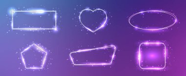 Farklı geometrik formlarda altı neon çift çerçeve seti. Parlak efektler ve mavi arka planda parıltılar. Boş parlayan tekno fon. Vektör illüstrasyonu