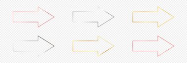 Şeffaf arkaplanda altı adet altın, gümüş ve gül sarısı parıldayan ok şeklindeki çerçeve seti var. Parlak efektli parlak bir çerçeve. Vektör illüstrasyonu