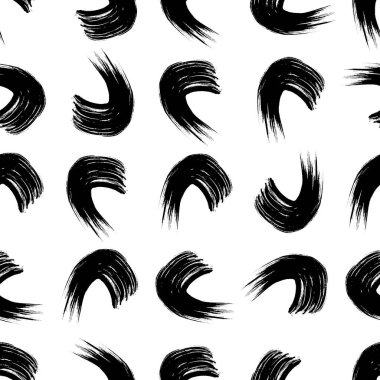 Seamless pattern with black wavy grunge brush strokes in abstract shapes on white background. Vector illustration