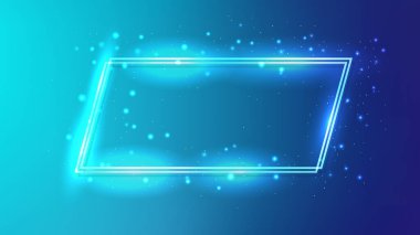 Parlak efektli neon çift çerçeve ve mavi arka planda parıltılar. Boş parlayan tekno fon. Vektör illüstrasyonu