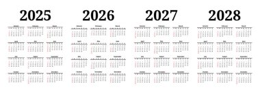 2025, 2026, 2027 ve 2028 için dört dikey takvim seti beyaz arka planda izole edildi. Pazardan pazartesiye, iş planı. Vektör illüstrasyonu