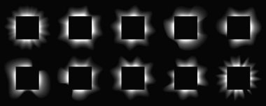 Büyük kare kareler gradyanı olan çerçeveleri aydınlatır. Siyah arkaplanda 10 beyaz neon pankart var. Vektör illüstrasyonu