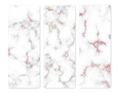 Mermer desenli arka planlar. Üç farklı soyut mermer granit taş seti. Vektör illüstrasyonu