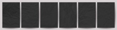 Set of black clean crumpled papers on transparent background. Six crumpled empty sheets of paper with shadow for posters and banners. Vector illustration clipart