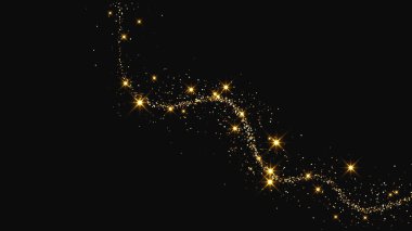 Gold glittering confetti wave and stardust. Backdrop with golden magical sparkles on dark background. Vector illustration clipart