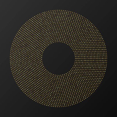 Soyut altın parlayan yarım tonlu noktalı arkaplan. Daire şeklinde altın parıltı deseni. Yarım ton noktalarını çember yapın. Vektör illüstrasyonu