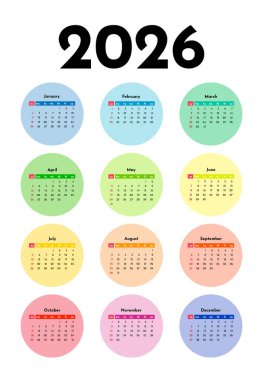 2026 takvimi beyaz arka planda izole edildi. Pazardan pazartesiye, iş planı. Vektör illüstrasyonu