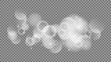 Bokeh şeffaf arkaplanda daireler çiziyor. Beyaz parlayan toz, parlayan ışıltı ve bokeh ışıkları. Vektör illüstrasyonu