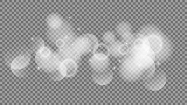 Bokeh şeffaf arkaplanda daireler çiziyor. Beyaz parlayan toz, parlayan ışıltı ve bokeh ışıkları. Vektör illüstrasyonu