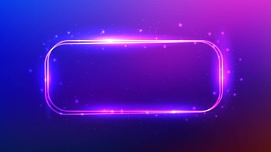 Neon çift yuvarlak dikdörtgen çerçeve, parlak efektler ve mor arka planda parıltılar. Boş parlayan tekno fon. Vektör illüstrasyonu