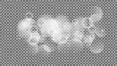 Bokeh şeffaf arkaplanda daireler çiziyor. Beyaz parlayan toz, parlayan ışıltı ve bokeh ışıkları. Vektör illüstrasyonu