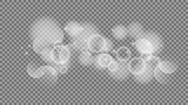Bokeh şeffaf arkaplanda daireler çiziyor. Beyaz parlayan toz, parlayan ışıltı ve bokeh ışıkları. Vektör illüstrasyonu