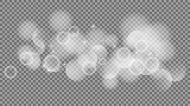 Bokeh şeffaf arkaplanda daireler çiziyor. Beyaz parlayan toz, parlayan ışıltı ve bokeh ışıkları. Vektör illüstrasyonu