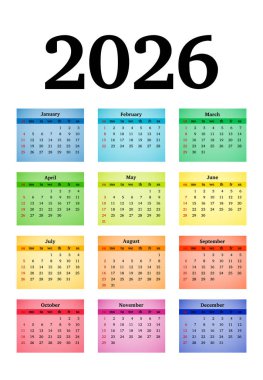 Calendar for 2026 isolated on a white background. Sunday to Monday, business template. Vector illustration clipart