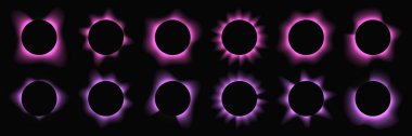 Çemberleri gradyanla aydınlat. Siyah arkaplanda 12 adet mor neon pankart var. Vektör illüstrasyonu