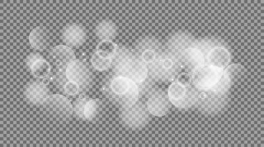 Bokeh şeffaf arkaplanda daireler çiziyor. Beyaz parlayan toz, parlayan ışıltı ve bokeh ışıkları. Vektör illüstrasyonu