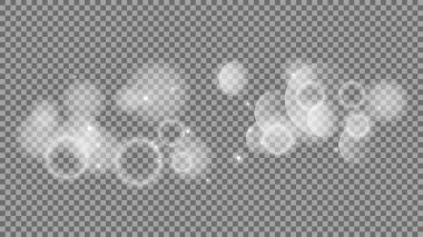 Bokeh şeffaf arkaplanda daireler çiziyor. Beyaz parlayan toz, parlayan ışıltı ve bokeh ışıkları. Vektör illüstrasyonu