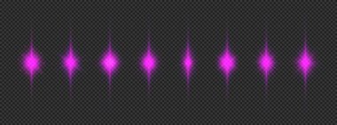Lens fişeklerinin ışık etkisi. Gri şeffaf arkaplanda parıldayan sekiz mor parlak yıldız patlaması efekti. Vektör illüstrasyonu