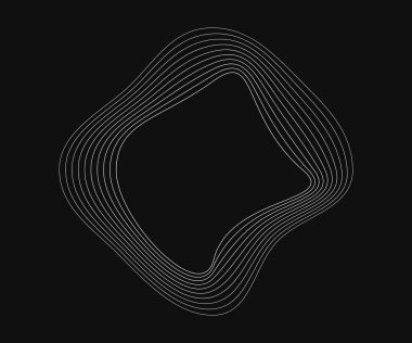 Dinamik dalgalı çizgileri olan yuvarlak kıvrımlı çerçeve. Siyah arka planda beyaz dalgalı daireler. Tasarım elemanı. Vektör illüstrasyonu