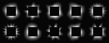 Büyük kare kareler gradyanı olan çerçeveleri aydınlatır. Siyah arkaplanda 10 beyaz neon pankart var. Vektör illüstrasyonu