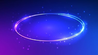 Parlak efektleri ve koyu mavi arka planda parıltıları olan neon çift oval çerçeve. Boş parlayan tekno fon. Vektör illüstrasyonu