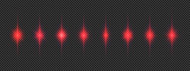 Lens fişeklerinin ışık etkisi. Gri şeffaf arkaplanda parıldayan sekiz kırmızı ışık patlaması efekti. Vektör illüstrasyonu