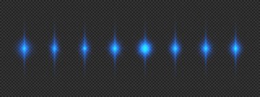 Lens fişeklerinin ışık etkisi. Gri şeffaf arkaplanda parıldayan sekiz mavi ışık patlaması efekti. Vektör illüstrasyonu