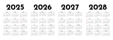 2025, 2026, 2027 ve 2028 için dört dikey takvim seti beyaz arka planda izole edildi. Pazardan pazartesiye, iş planı. Vektör illüstrasyonu