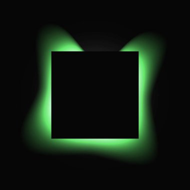 Kare çerçeveyi gradyanla aydınlat. Siyah arkaplanda yeşil yuvarlak neon pankart var. Vektör illüstrasyonu