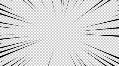 Şeffaf arkaplanda siyah çizgileri olan çizgi roman sayfası. Patlama ışınları desenli şablon dokuyu etkiler. Vektör illüstrasyonu