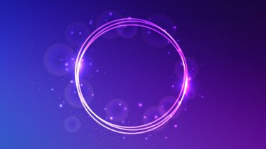 Parlak efektli neon daire çerçeve ve mavi arka planda parıltılar. Boş parlayan tekno fon. Vektör illüstrasyonu