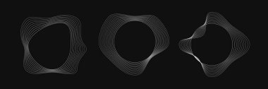 Dinamik dalgalı çizgili üç yuvarlak çerçeve seti. Siyah arka planda beyaz dalgalı daireler koleksiyonu. Tasarım elemanı. Vektör illüstrasyonu