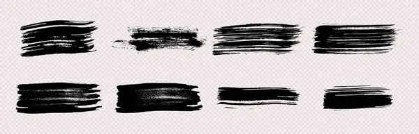 Bir dizi siyah fırça darbesi. Şeffaf arka planda elle çizilmiş mürekkep lekeleri var. Vektör illüstrasyonu