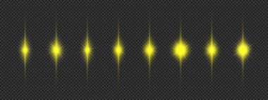 Lens fişeklerinin ışık etkisi. Gri şeffaf arkaplanda parıldayan sekiz sarı ışık patlaması efekti. Vektör illüstrasyonu