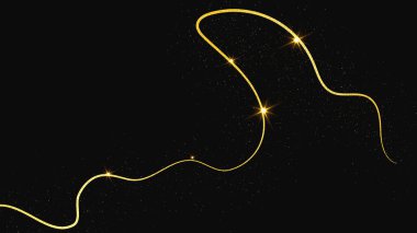 Altın parıldayan konfeti dalgası ve yıldız tozu. Koyu arkaplanda altın sihirli parıltılarla arka plan. Vektör illüstrasyonu