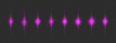 Lens fişeklerinin ışık etkisi. Gri şeffaf arkaplanda parıldayan sekiz mor parlak yıldız patlaması efekti. Vektör illüstrasyonu
