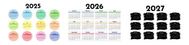 Set of three calendars for 2025, 2026 and 2027 isolated on a white background. Sunday to Monday, business template. Vector illustration clipart