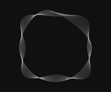 Dinamik dalgalı çizgileri olan yuvarlak kıvrımlı çerçeve. Siyah arka planda beyaz dalgalı daireler. Tasarım elemanı. Vektör illüstrasyonu