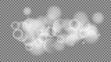 Bokeh şeffaf arkaplanda daireler çiziyor. Beyaz parlayan toz, parlayan ışıltı ve bokeh ışıkları. Vektör illüstrasyonu