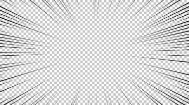 Şeffaf arkaplanda siyah çizgileri olan çizgi roman sayfası. Patlama ışınları desenli şablon dokuyu etkiler. Vektör illüstrasyonu