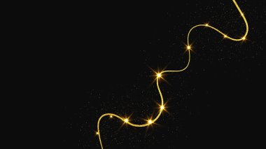 Altın parıldayan konfeti dalgası ve yıldız tozu. Koyu arkaplanda altın sihirli parıltılarla arka plan. Vektör illüstrasyonu