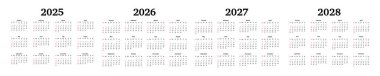 2025, 2026, 2027 ve 2028 için dört dikey takvim seti beyaz arka planda izole edildi. Pazardan pazartesiye, iş planı. Vektör illüstrasyonu