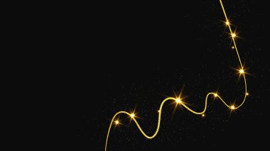 Altın parıldayan konfeti dalgası ve yıldız tozu. Koyu arkaplanda altın sihirli parıltılarla arka plan. Vektör illüstrasyonu