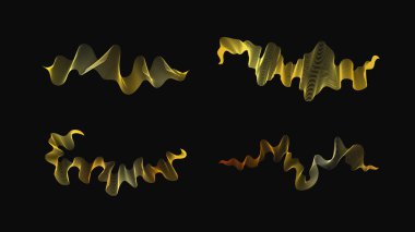 Karanlık arka planda lüks altın dalgalar. Dalga tasarımlı dört soyut modern teknoloji seti. Vektör illüstrasyonu