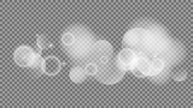 Bokeh şeffaf arkaplanda daireler çiziyor. Beyaz parlayan toz, parlayan ışıltı ve bokeh ışıkları. Vektör illüstrasyonu