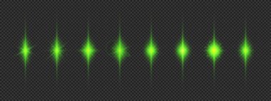 Lens fişeklerinin ışık etkisi. Gri şeffaf arkaplanda parıldayan sekiz yeşil ışık patlaması efekti. Vektör illüstrasyonu