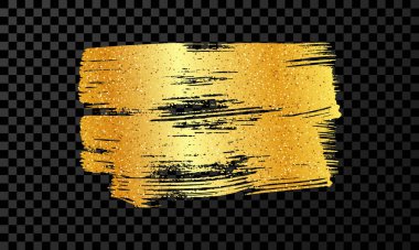 Altın fırça darbesi. El çizimi mürekkep lekesi koyu şeffaf arkaplanda izole edilmiş. Vektör illüstrasyonu