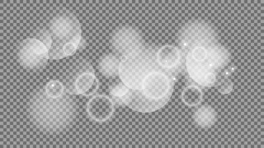 Bokeh şeffaf arkaplanda daireler çiziyor. Beyaz parlayan toz, parlayan ışıltı ve bokeh ışıkları. Vektör illüstrasyonu