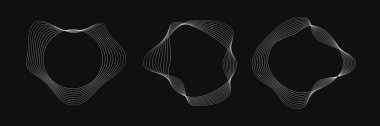 Dinamik dalgalı çizgili üç yuvarlak çerçeve seti. Siyah arka planda beyaz dalgalı daireler koleksiyonu. Tasarım elemanı. Vektör illüstrasyonu