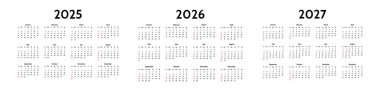 2025, 2026 ve 2027 için üç takvim seti beyaz arka planda izole edildi. Pazardan pazartesiye, iş planı. Vektör illüstrasyonu